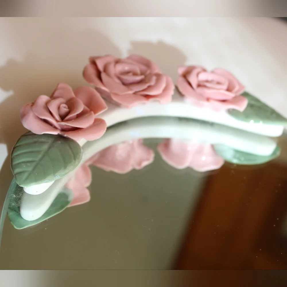 Vintage Pink Rose Decorative Tray with Green Leaves